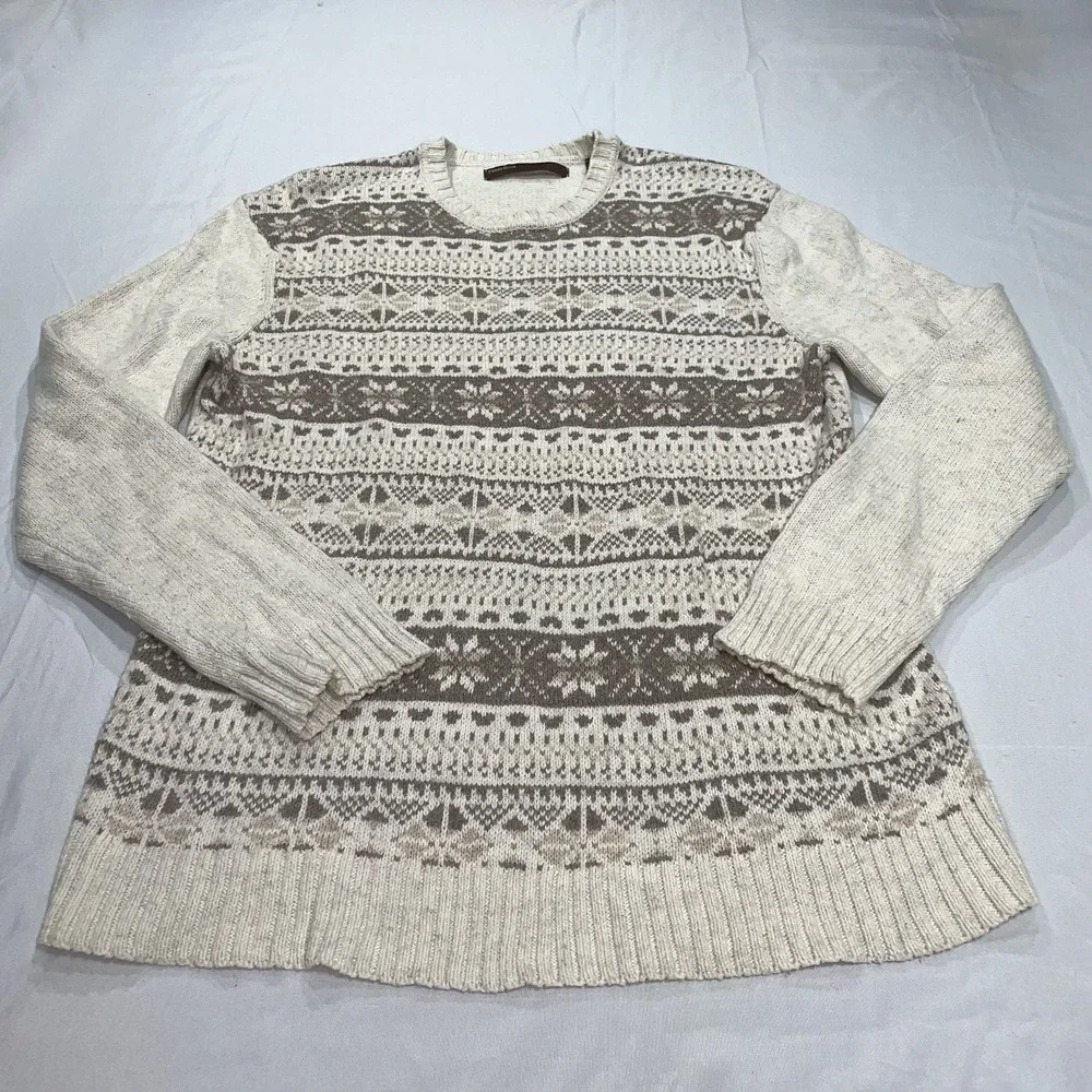 Perry Ellis Women‎ Fair Isle Crewneck Sweater Cotton Merino Wool Tan Cream Large